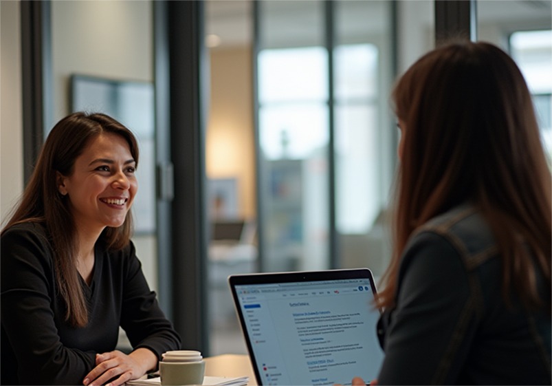 2 women talking at a table